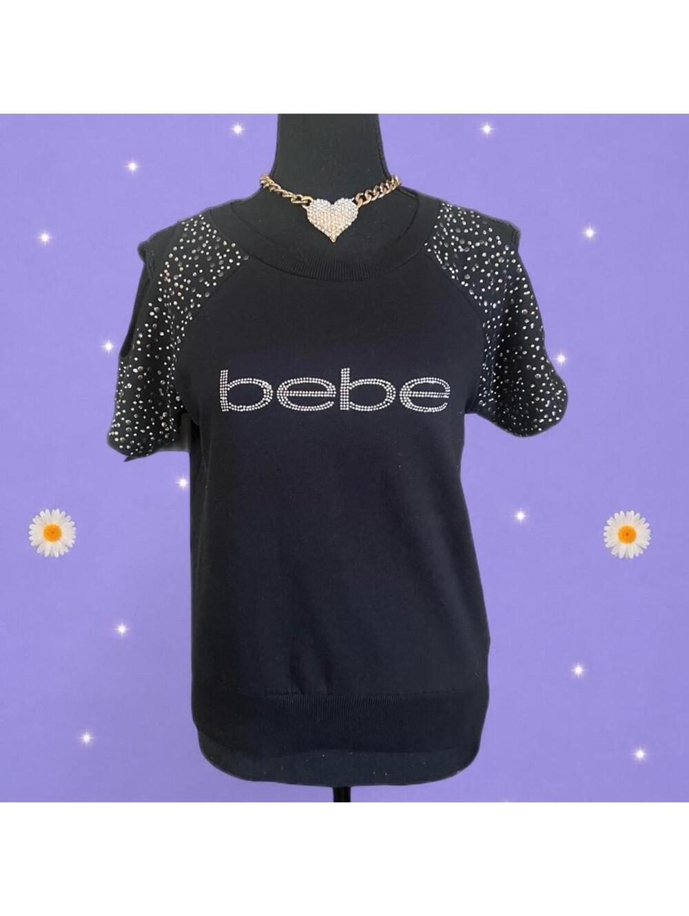 Vintage Y2K Bebe Rhinestone Logo Cold Shoulder Top Black McBling size medium 🖤